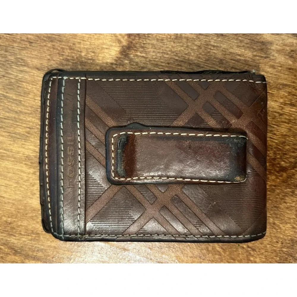 Fossil Money Clip Wallet Brown Leather With Cross Cross Design
